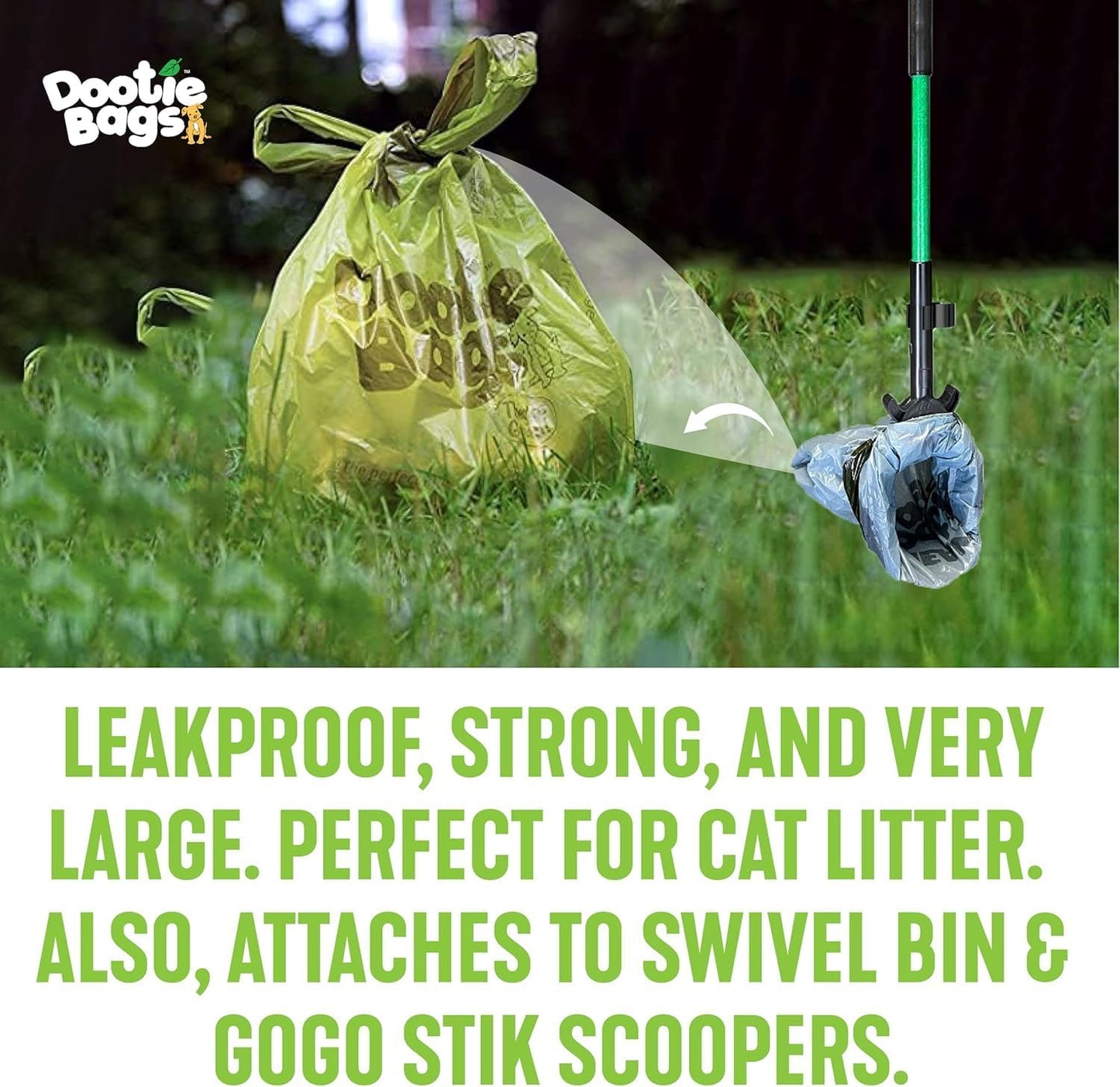 The Original Dootie Bag Is Back! Pooch Approved Large Dootie Bags, Dog Poop Bags. Strong, Leakproof - EZ Tie Handles. Perfect for Dogs & Cat Litter. Pet Waste Cleanup, Swivel Bin & Gogo Stik Scoopers.