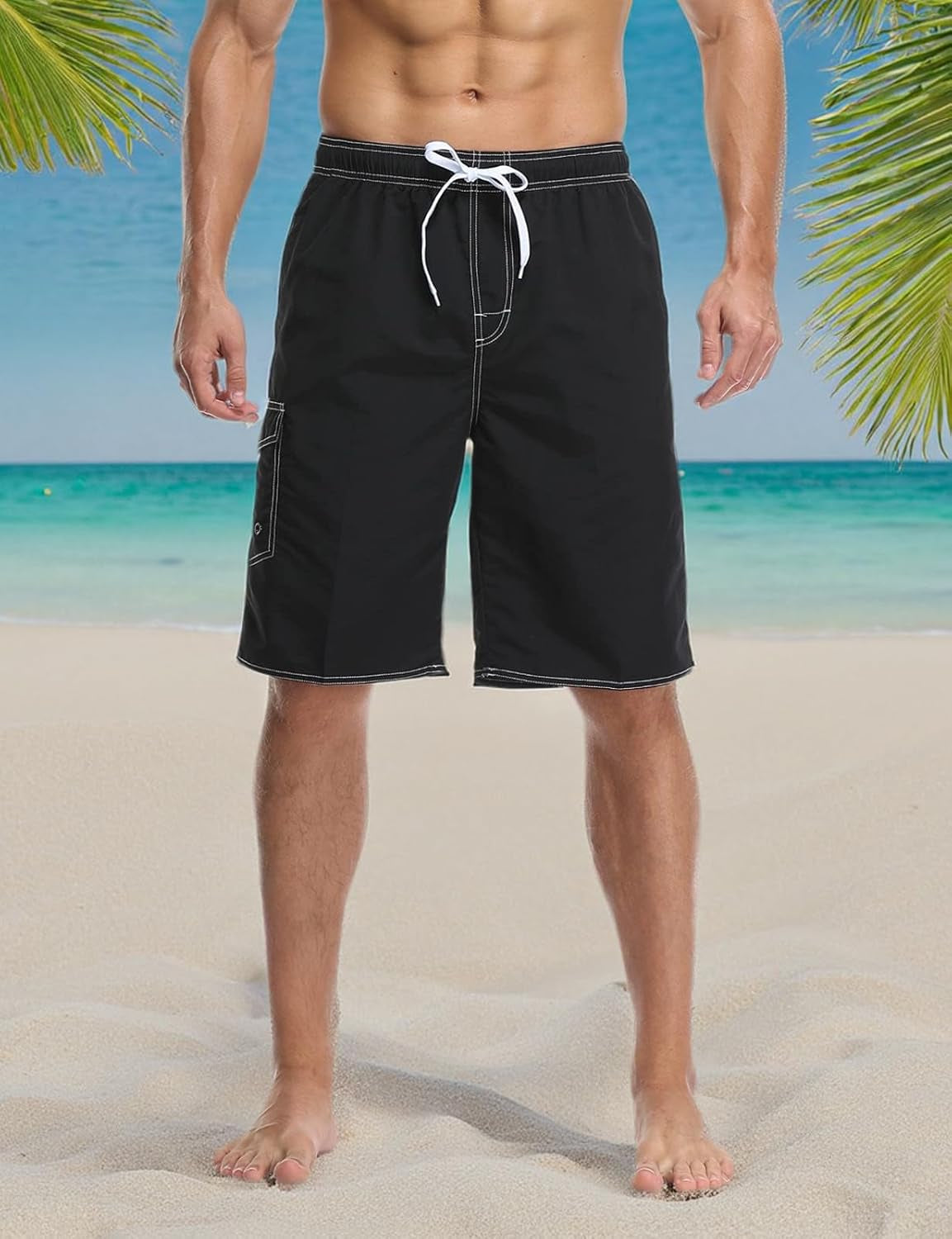 Lncropo Mens Quick Dry Swim Trunks Striped Print Board Shorts with Mesh Lining,Black,L