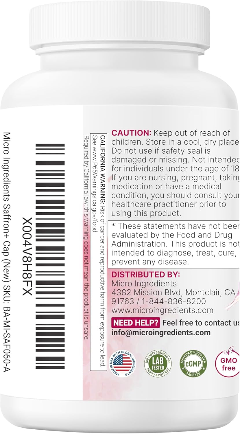 Micro Ingredients Saffron+ Advanced Supplements, 60 Veggie Capsules – 10-In-1 with Saffron Extract, High Absorption Fat-Soluble Vitamin C, Magnesium, Turmeric & KSM-66 Ashwagandha – Filler Free