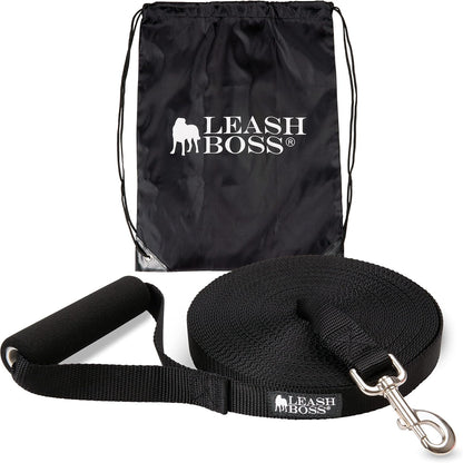Leash Boss Free Range - Long Dog Leash for Large Dogs + Drawstring Backpack - 1 Inch Nylon Training Lead with Padded Handle (Black) (30 Ft)