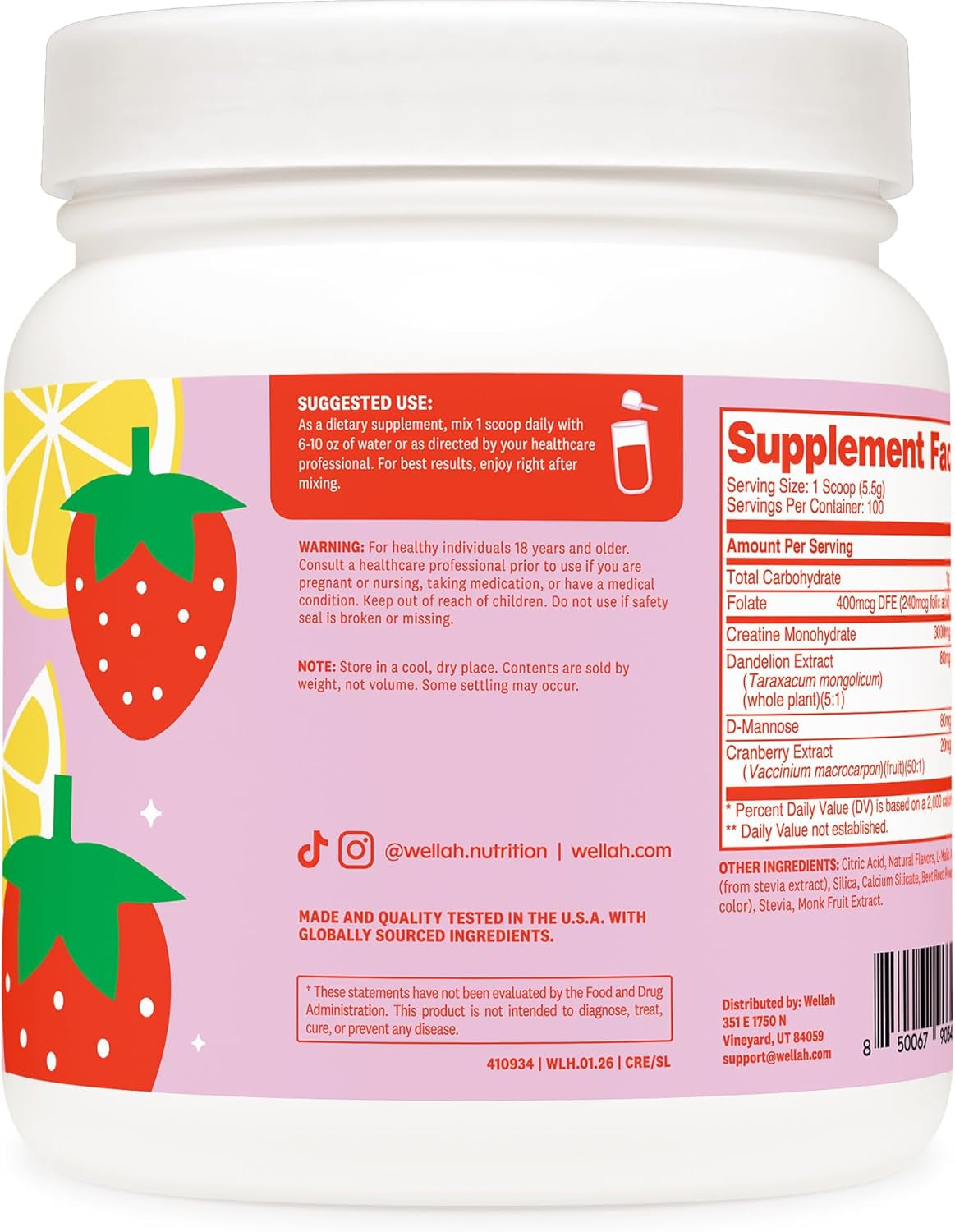 Wellah Creatine for Women - Creatine Monohydrate with Dandelion & Cranberry Extract (100 Servings, Strawberry Lemonade)