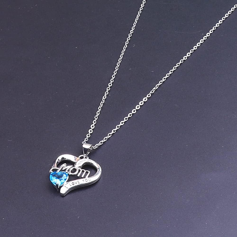 UEUC I LOVE YOU Mom Birth Stones Necklace, Silver Love Heart Pendant Necklace for Mom, Necklace Gift for Mother with 18''+2'' Chain