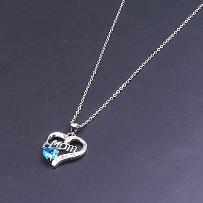 UEUC I LOVE YOU Mom Birth Stones Necklace, Silver Love Heart Pendant Necklace for Mom, Necklace Gift for Mother with 18''+2'' Chain