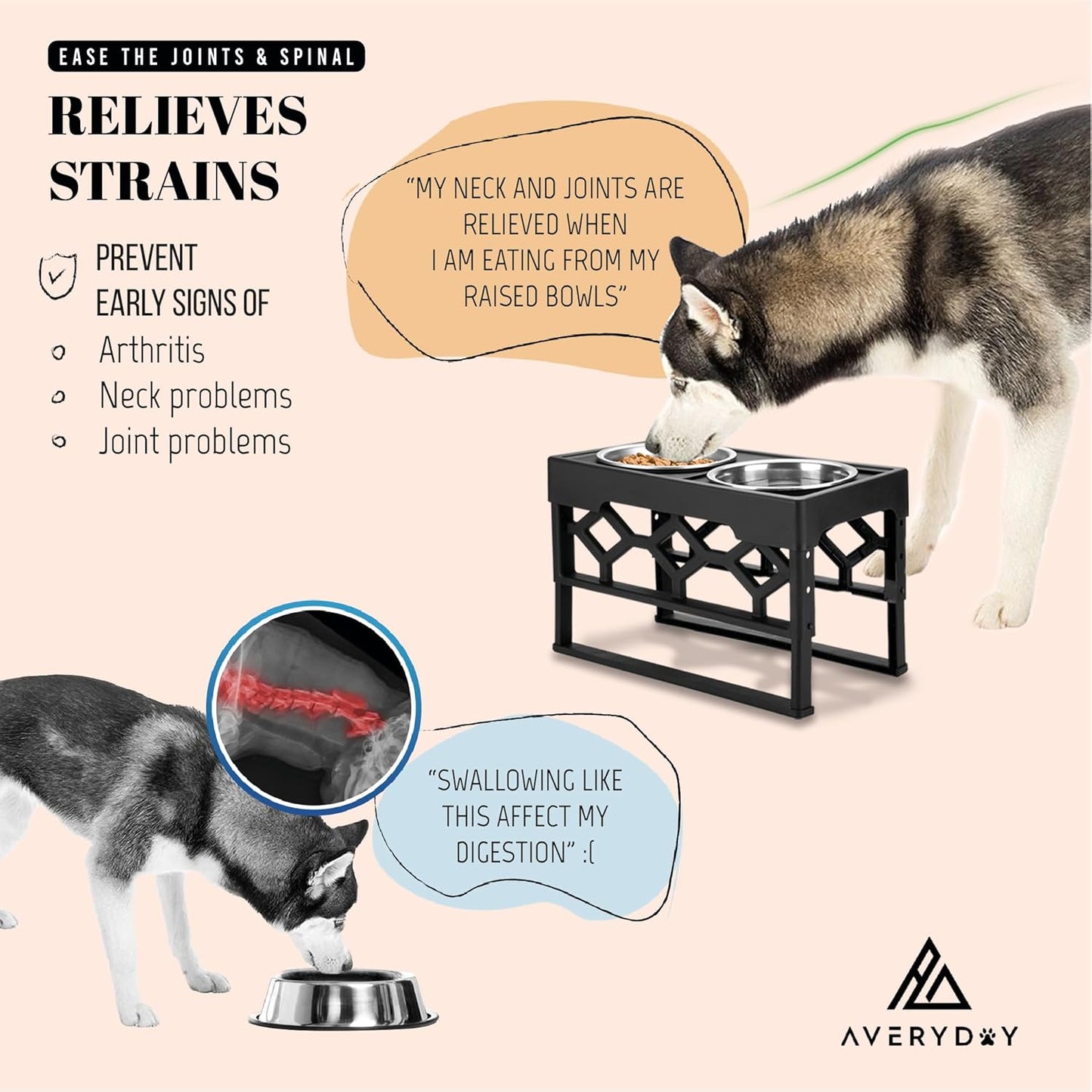 AVERYDAY Elevated Dog Bowls, 4 Height Adjustable Stand for Medium and Large Dogs, Raised Dog Feeder Holder with 2 Stainless Steel Food and Water Bowls, Anti-Slip Base Tall Feeding Station