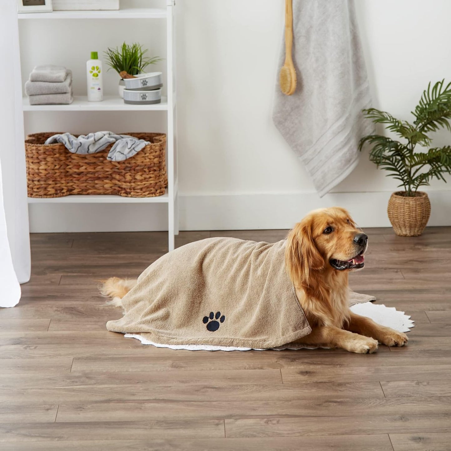 Bone Dry Pet Grooming Towel Collection Absorbent Microfiber X-Large, 41X23.5", Embroidered Taupe