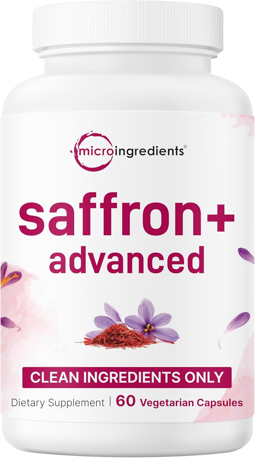 Micro Ingredients Saffron+ Advanced Supplements, 60 Veggie Capsules – 10-In-1 with Saffron Extract, High Absorption Fat-Soluble Vitamin C, Magnesium, Turmeric & KSM-66 Ashwagandha – Filler Free