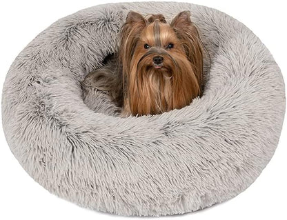 Friends Forever Donut Dog Bed Faux Fur Fluffy Calming Sofa for Small Dogs, Soft & Plush anti Anxiety Pet Couch for Dogs, Machine Washable Coco Pet Bed with Non-Slip Bottom, 23"X23"X6" Grey