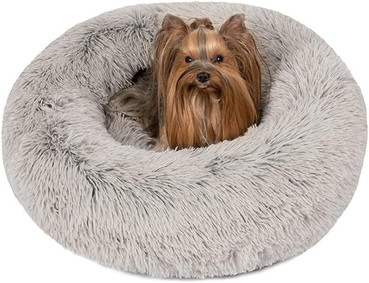 Friends Forever Donut Dog Bed Faux Fur Fluffy Calming Sofa for Small Dogs, Soft & Plush anti Anxiety Pet Couch for Dogs, Machine Washable Coco Pet Bed with Non-Slip Bottom, 23"X23"X6" Grey