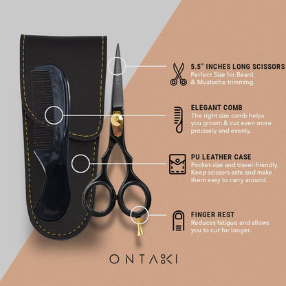 Ontaki Beard & Mustache Scissors for Men - 5.5" Japanese Steel, Black - Precision Sharp Blades, Ergonomic Finger Rest & Adjustable Tension Screw for Perfect Trimming - Beard Scissors for Men