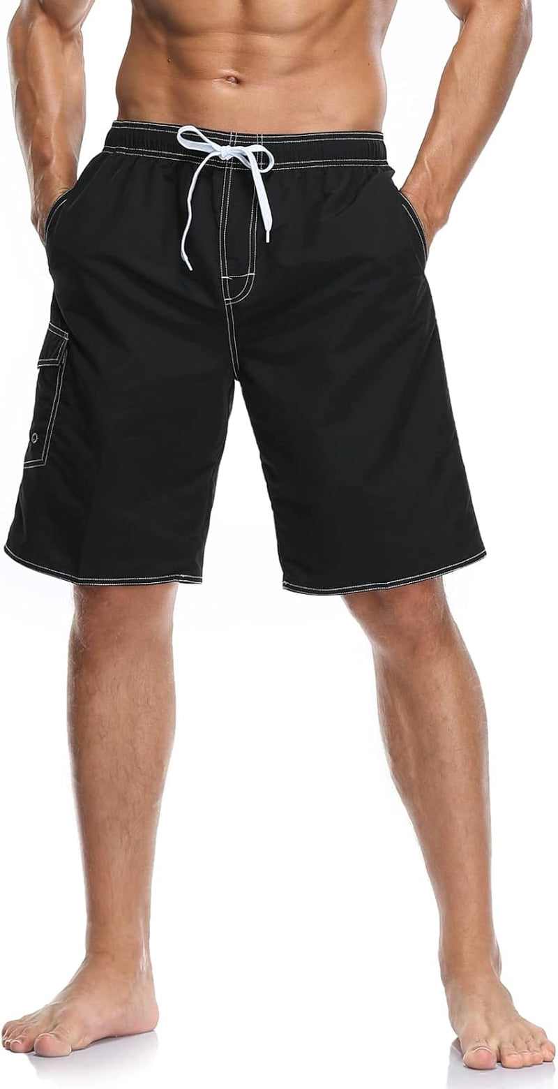 Lncropo Mens Quick Dry Swim Trunks Striped Print Board Shorts with Mesh Lining,Black,L