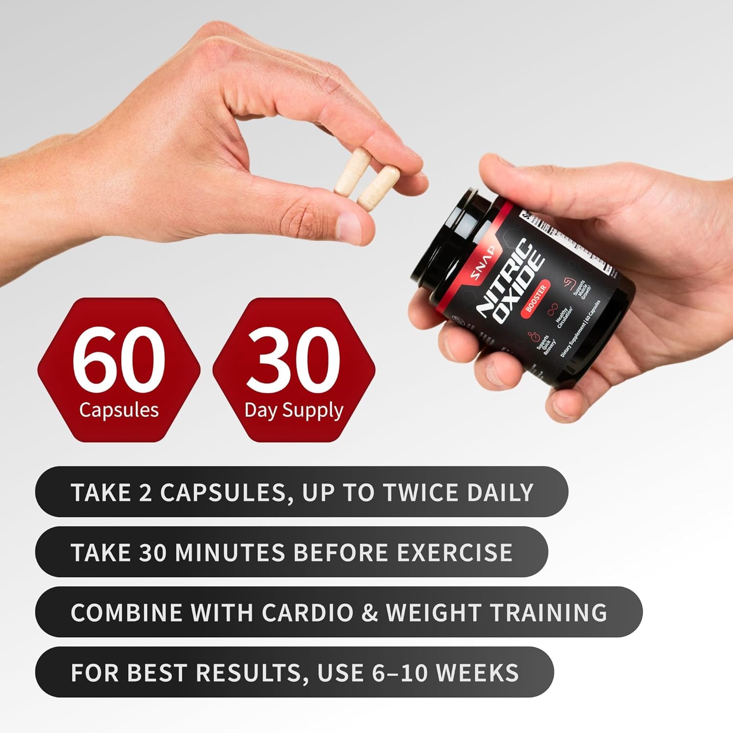 Snap Supplements Nitric Oxide Booster for Men & Women, L-Citrulline + 3 Forms of L-Arginine for Healthy Circulation, Natural Energy & Muscle Support, Caffeine-Free Pre-Workout Alternative, 60 Capsules