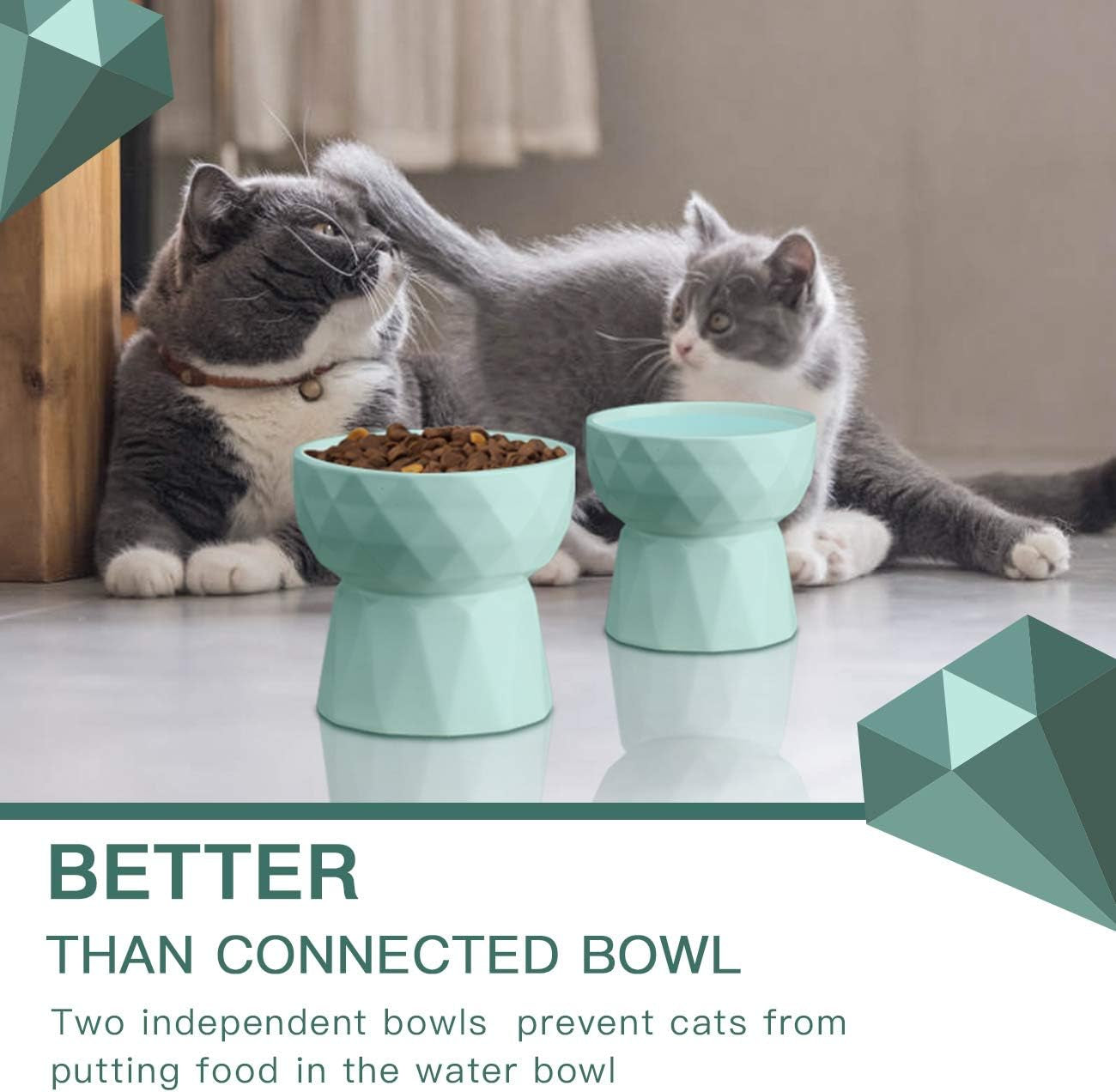Frewinky Cat Bowls,Ceramic Cat Bowls anti Vomiting,Raised Food and Water Bowl Set for Cats and Small Dogs,13.5 Oz,Green