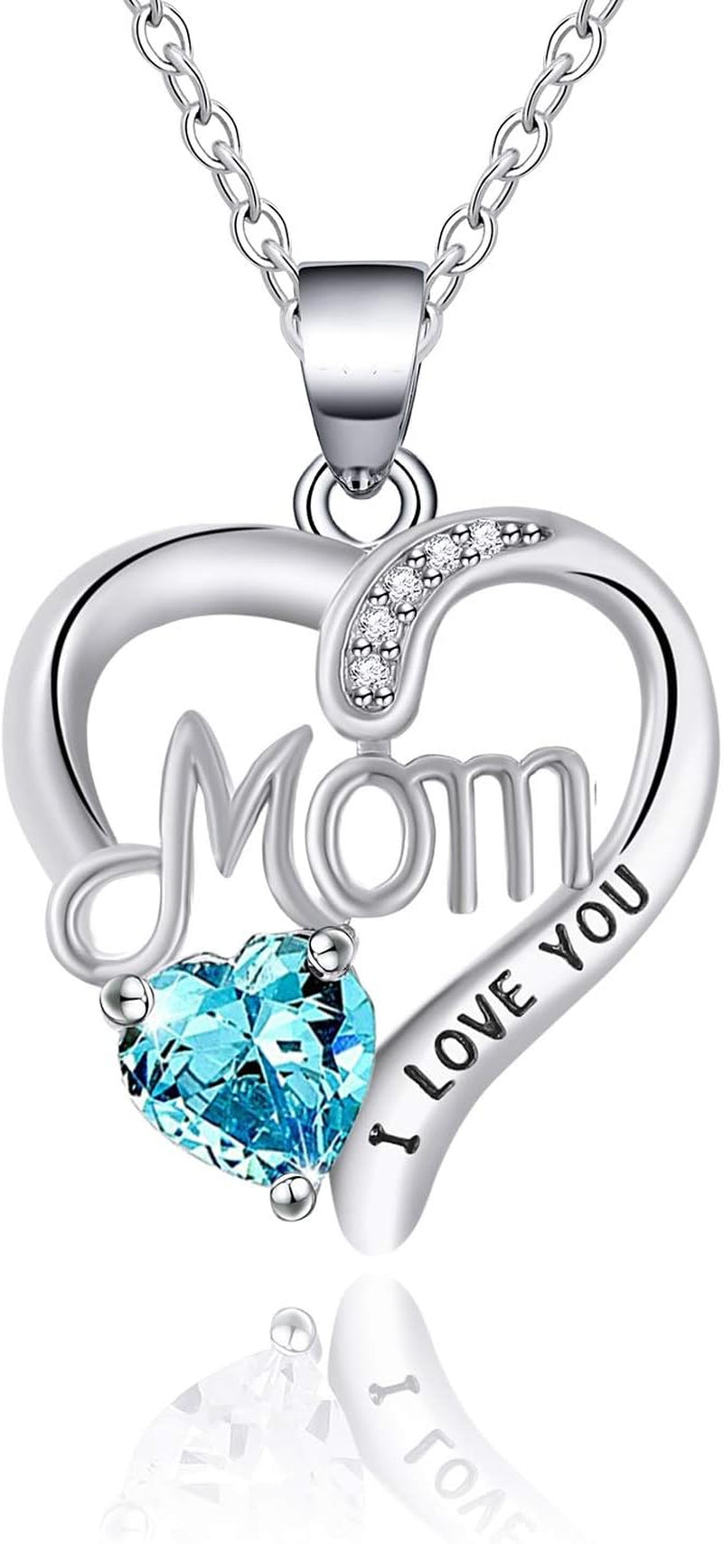 UEUC I LOVE YOU Mom Birth Stones Necklace, Silver Love Heart Pendant Necklace for Mom, Necklace Gift for Mother with 18''+2'' Chain