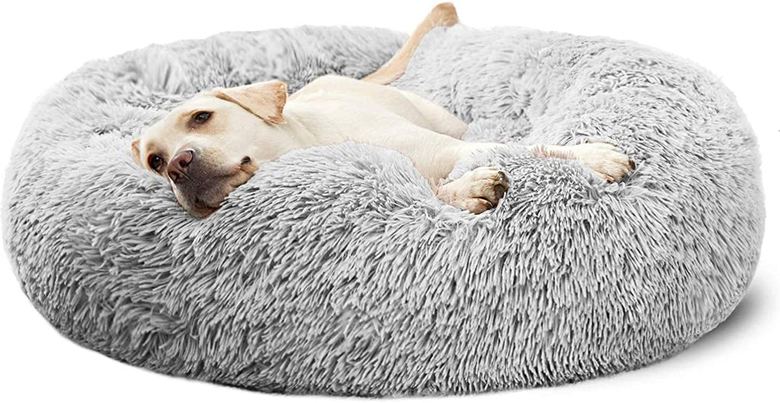 HACHIKITTY Calming Donut Cuddler Dog Bed, round Fluffy Pet Bed for Large Dogs,Washable, Large, Gray, 30''