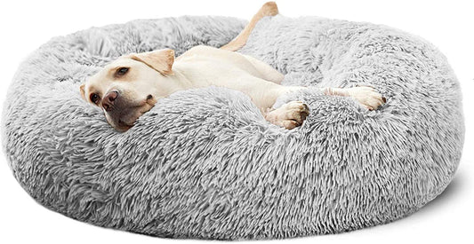 HACHIKITTY Calming Donut Cuddler Dog Bed, round Fluffy Pet Bed for Large Dogs,Washable, Large, Gray, 30''