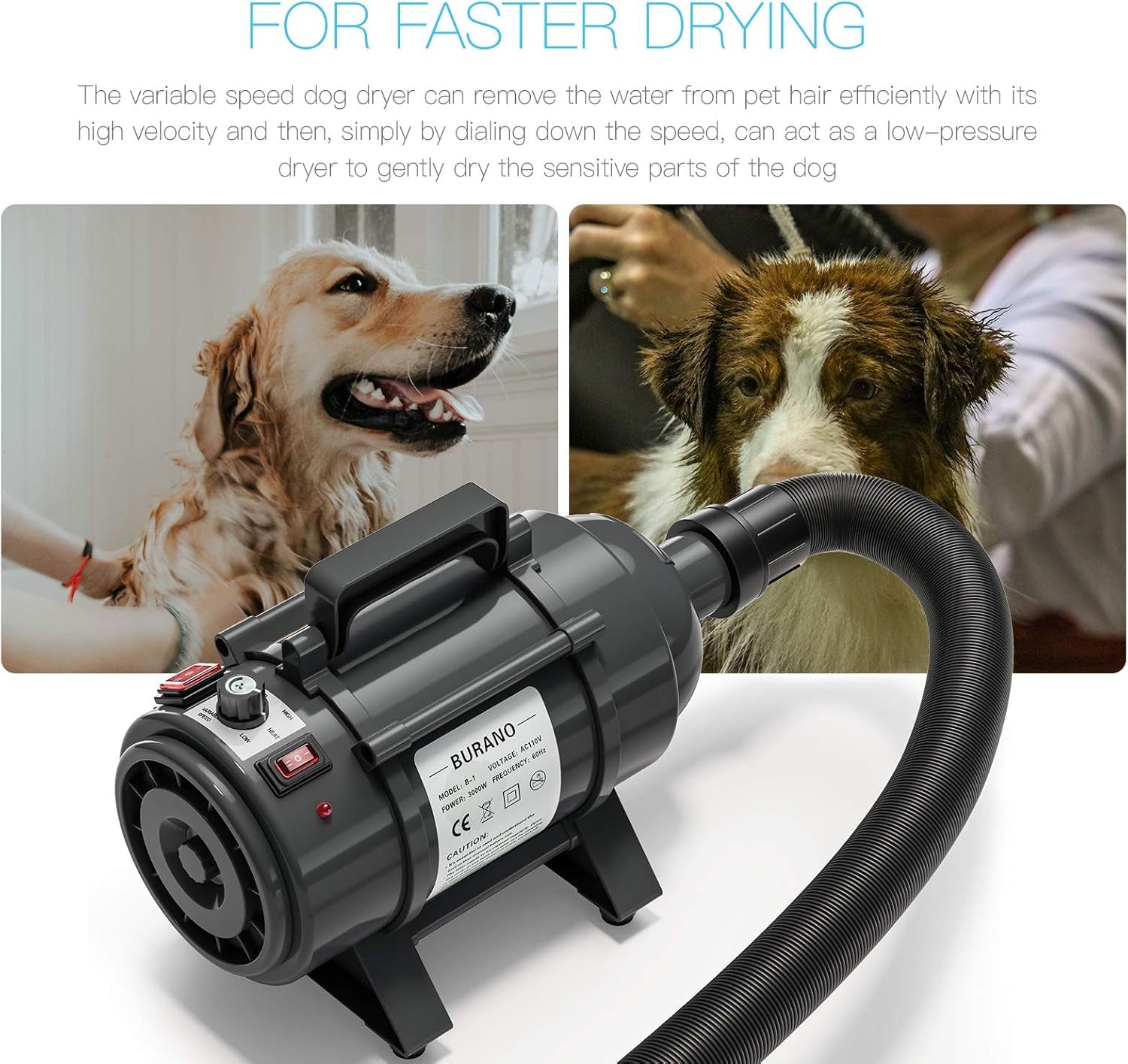 Burano Dog Dryer, High Velocity Pet Hair Dryer, 4.3HP Stepless Adjustable Speed Dog Hair Force Dryer, Powerful Pet Blower with Heater