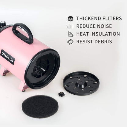 Dog Dryer for Pet Grooming, High Velocity Pet Hair Dryer with Heater, Adjustable Speed, 3 Nozzles and a Comb, Pink