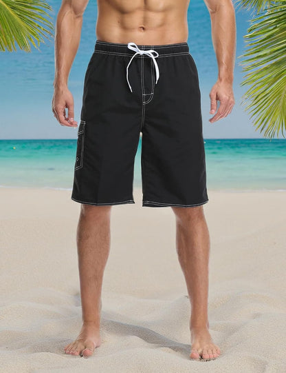 Lncropo Mens Quick Dry Swim Trunks Striped Print Board Shorts with Mesh Lining,Black,L