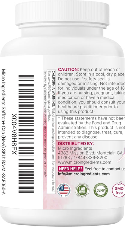 Micro Ingredients Saffron+ Advanced Supplements, 60 Veggie Capsules – 10-In-1 with Saffron Extract, High Absorption Fat-Soluble Vitamin C, Magnesium, Turmeric & KSM-66 Ashwagandha – Filler Free