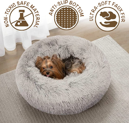 Friends Forever Donut Dog Bed Faux Fur Fluffy Calming Sofa for Small Dogs, Soft & Plush anti Anxiety Pet Couch for Dogs, Machine Washable Coco Pet Bed with Non-Slip Bottom, 23"X23"X6" Grey