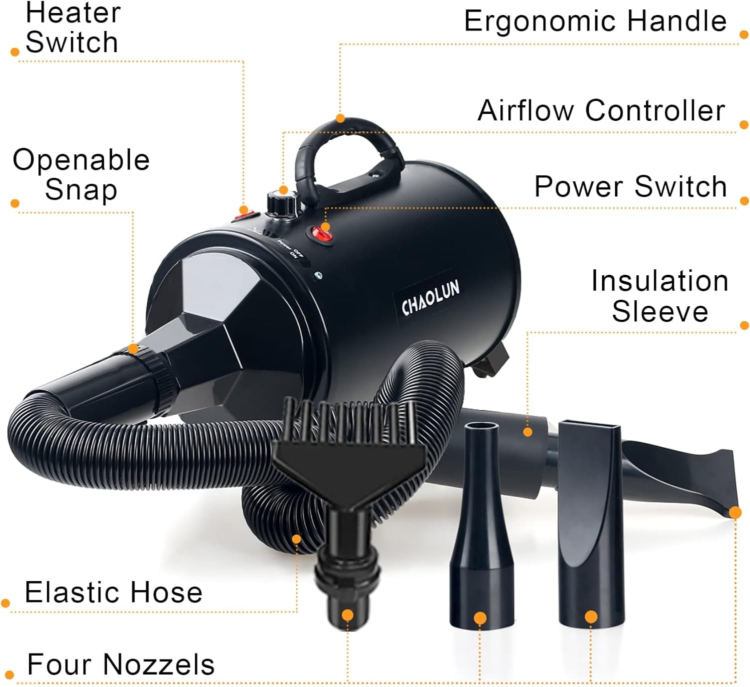 High Velocity Dog Grooming Dryer, Dog Blow Dryer, Pet Hair Dryer with Heater, Adjustable Speed, Black