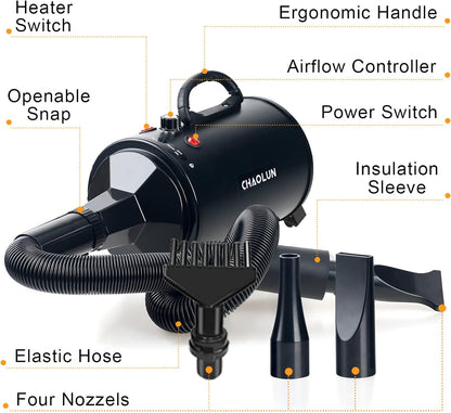 High Velocity Dog Grooming Dryer, Dog Blow Dryer, Pet Hair Dryer with Heater, Adjustable Speed, Black