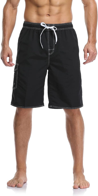 Lncropo Mens Quick Dry Swim Trunks Striped Print Board Shorts with Mesh Lining,Black,L