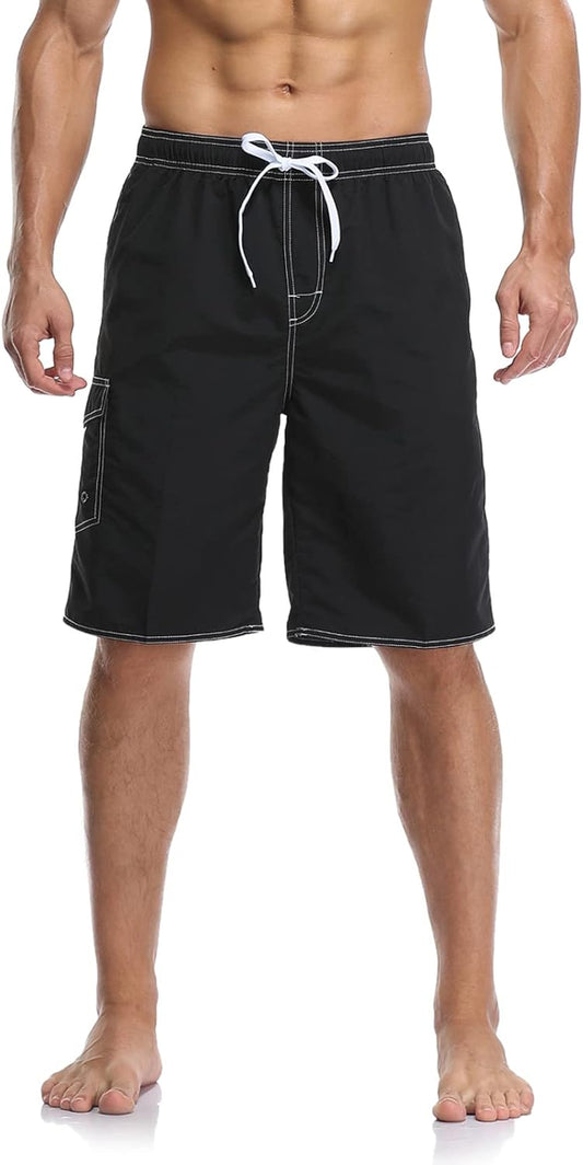 Lncropo Mens Quick Dry Swim Trunks Striped Print Board Shorts with Mesh Lining,Black,L