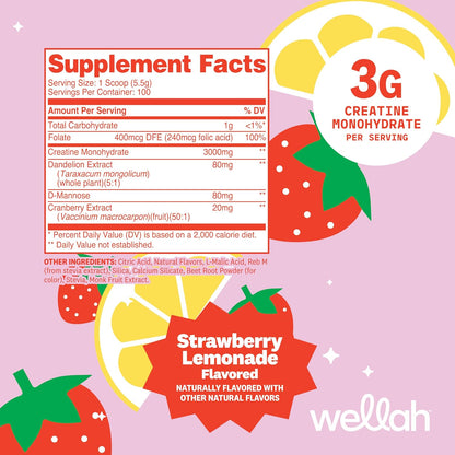 Wellah Creatine for Women - Creatine Monohydrate with Dandelion & Cranberry Extract (100 Servings, Strawberry Lemonade)