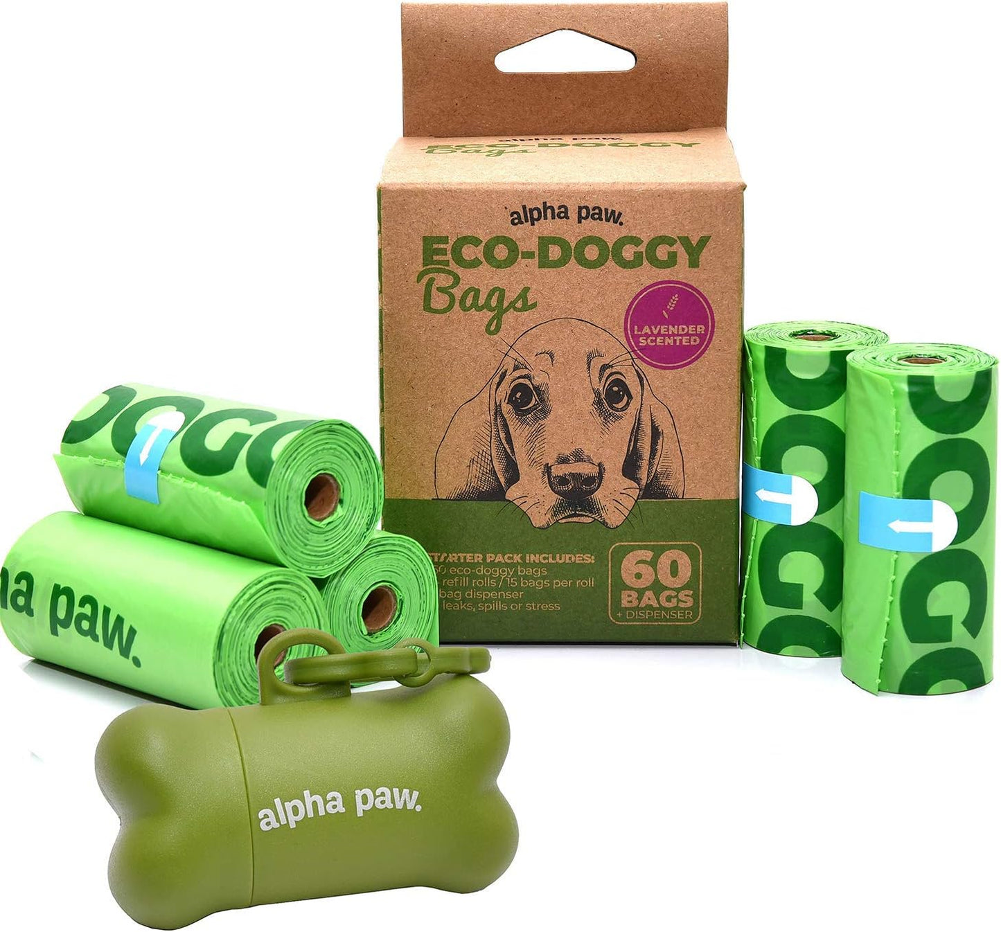 Alpha Paw Eco-Doggy Bags & Portable Dispenser - 60 Odor-Blocking, Biodegradable Poop Bags for Dogs - Scented Dog Poop Bags - Lavender-Scented Poop Bags - Compostable Dog Waste Bags - Puppy Accessories