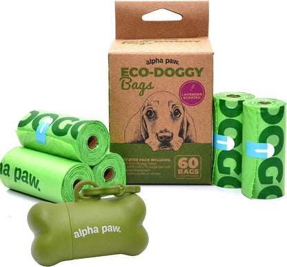 Alpha Paw Eco-Doggy Bags & Portable Dispenser - 60 Odor-Blocking, Biodegradable Poop Bags for Dogs - Scented Dog Poop Bags - Lavender-Scented Poop Bags - Compostable Dog Waste Bags - Puppy Accessories