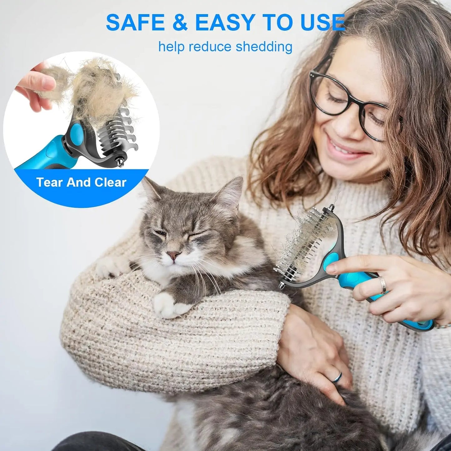 Pet Grooming Brush-Double Sided Hurtless Shedding and Dematting Undercoat Rake Comb for Dogs and Cats, No More Nasty Shedding or Flying Hair