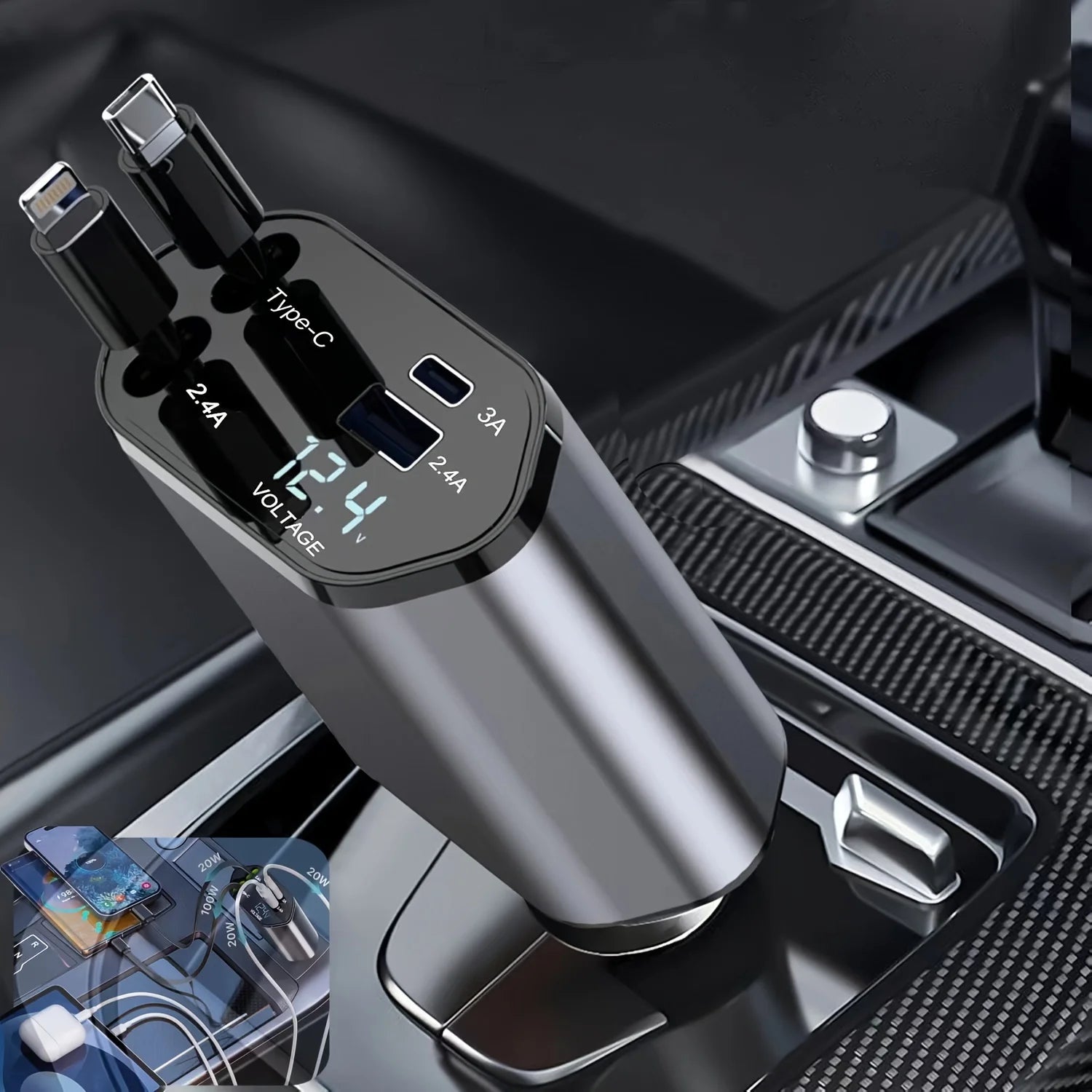 Retractable Car Charger 4 in 1 Fast Car Phone Charger 120W with USB Type C Cable