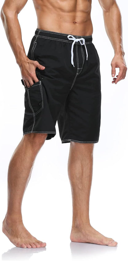 Lncropo Mens Quick Dry Swim Trunks Striped Print Board Shorts with Mesh Lining,Black,L