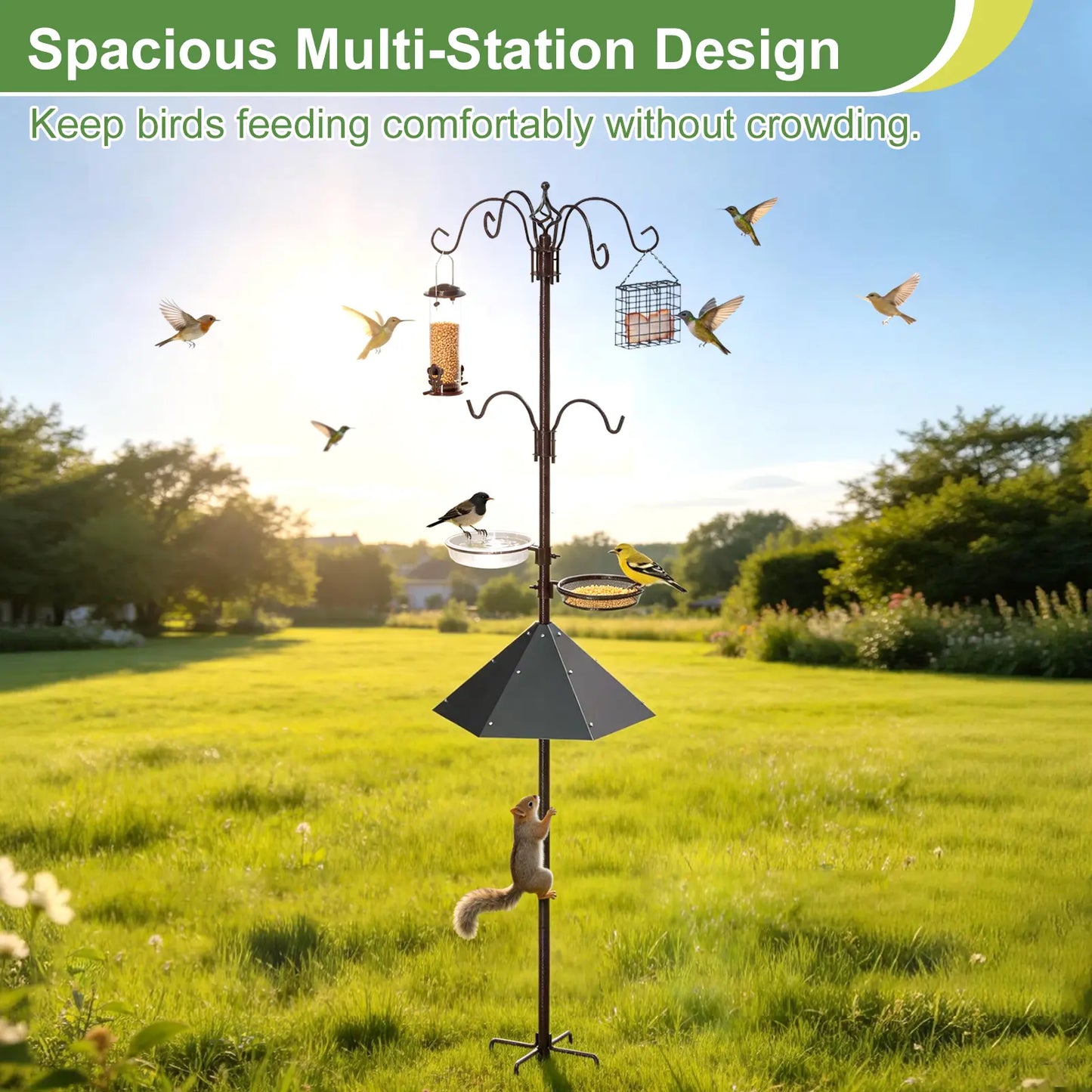 Joywink Bird Feeding Station Kit with Metal Squirrel Baffle, Heavy Duty Metal Bird Feeding Station with Seed Tray＆Mesh Basket, Easy Assembly Ground Mounted Bird Feeder Pole for Garden Yard Outdoor