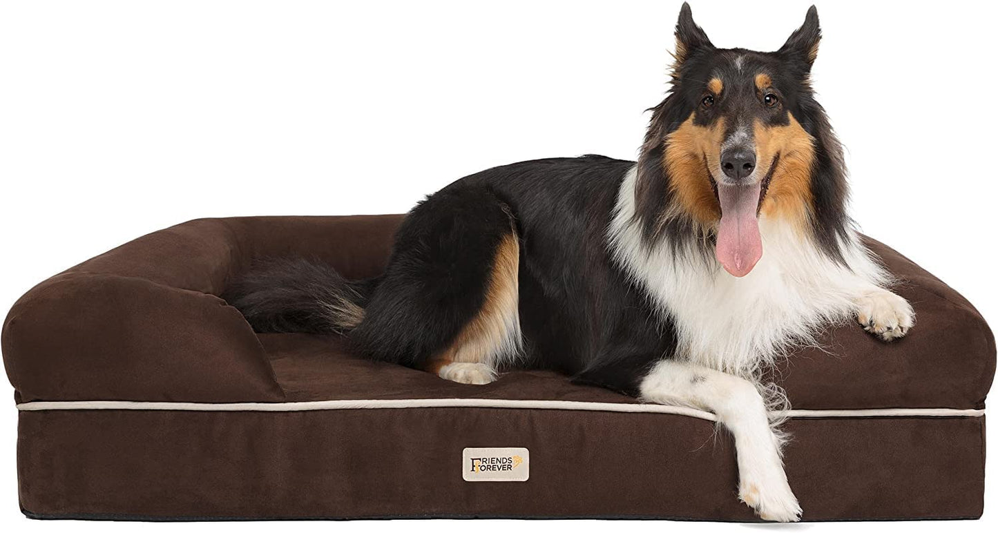 Friends Forever X-Large Dog Bed, Orthopedic Dog Sofa Memory Foam Mattress, Calming Dog Couch Bed, Wall Rim Pillow, Water Resistant Liner, Washable Cover, Non-Slip Bottom, Chester, X-Large Cocoa Brown