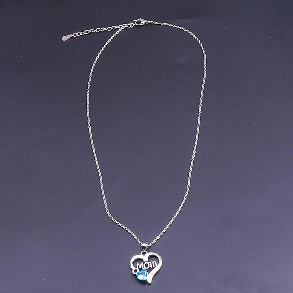 UEUC I LOVE YOU Mom Birth Stones Necklace, Silver Love Heart Pendant Necklace for Mom, Necklace Gift for Mother with 18''+2'' Chain