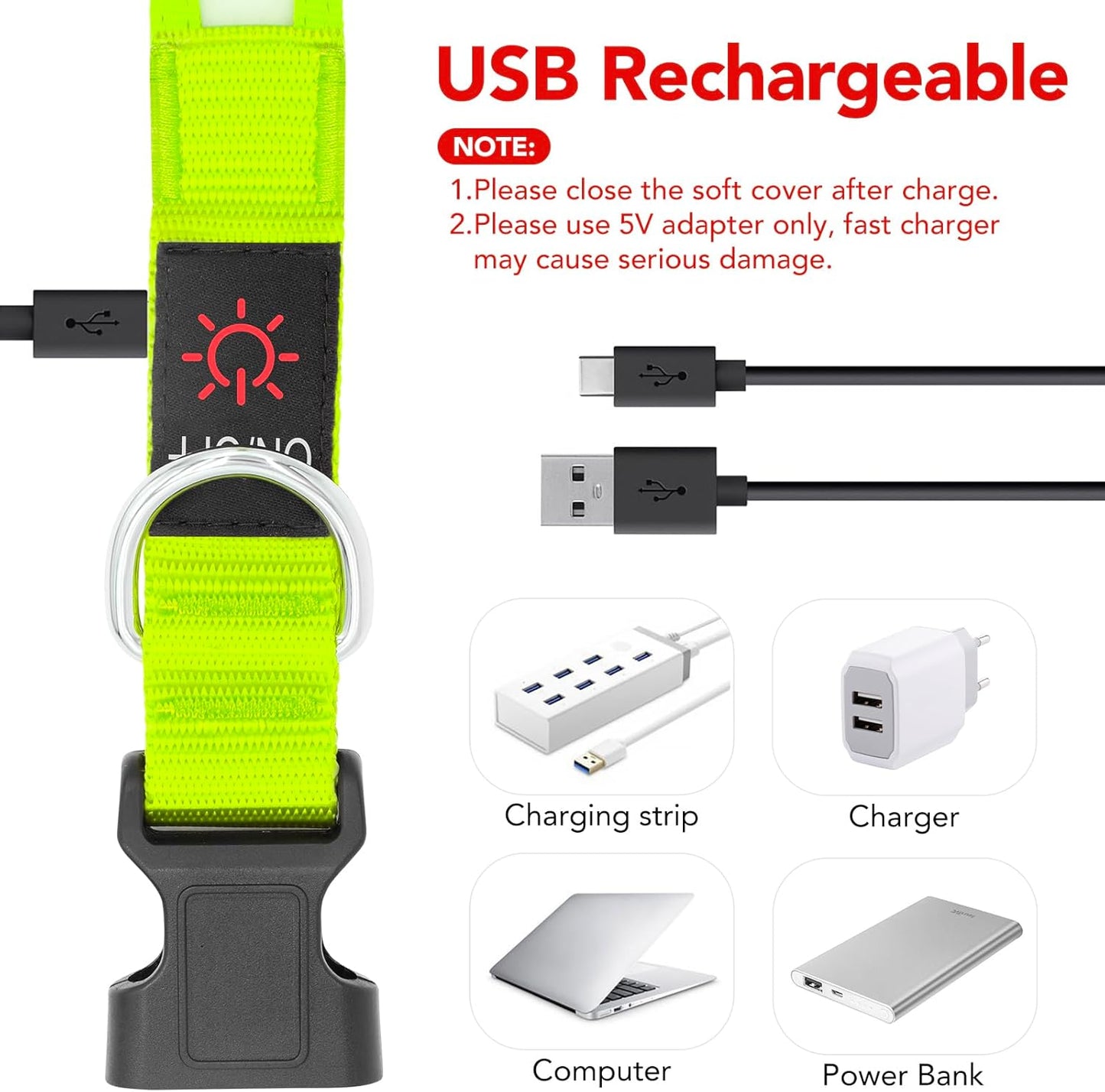 Vizpet LED Dog Collar, Light up Dog Collar Adjustable USB Rechargeable Super Bright Safety Light Glowing Collars for Dog(Small,Green)