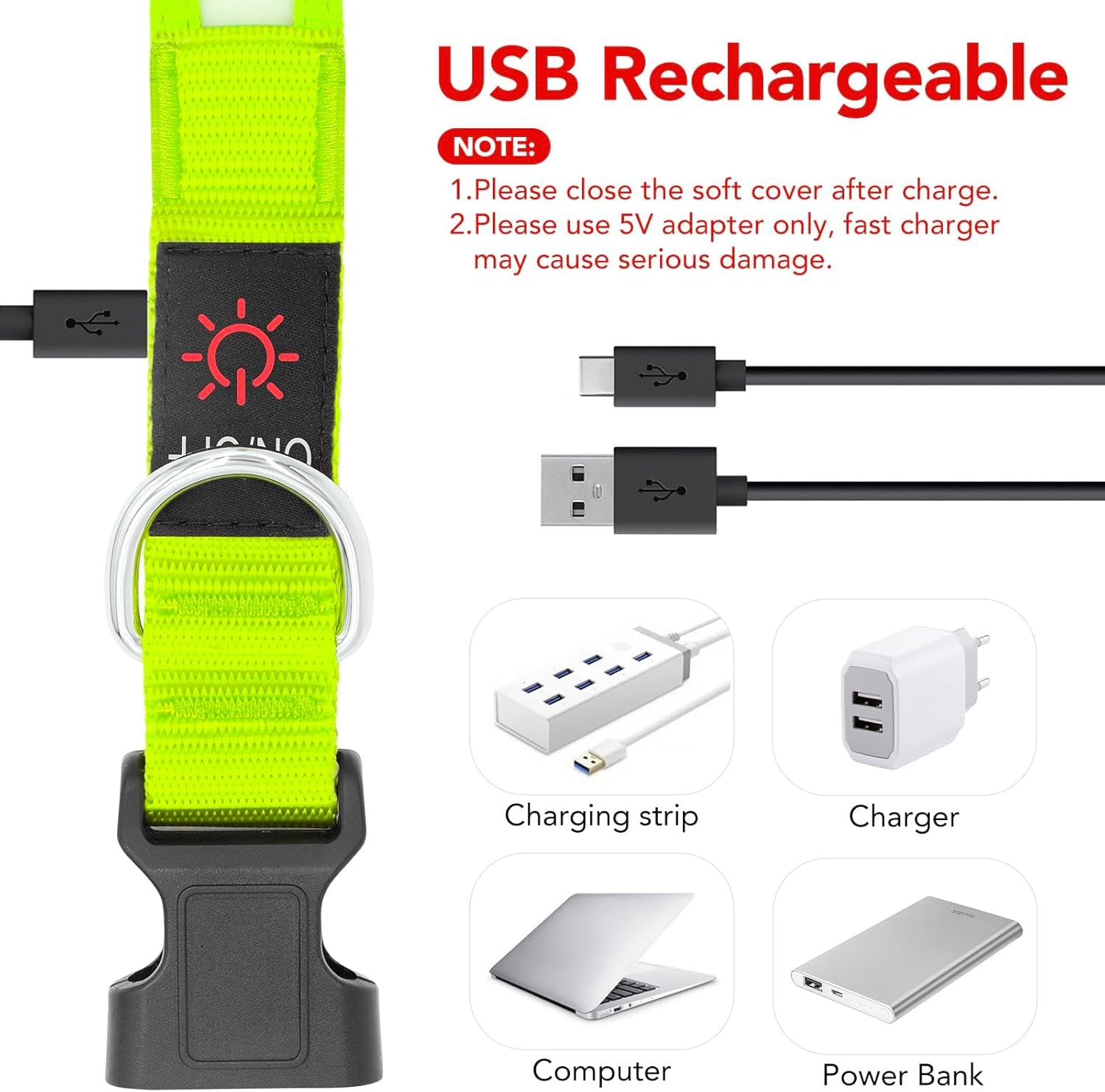 Vizpet LED Dog Collar, Light up Dog Collar Adjustable USB Rechargeable Super Bright Safety Light Glowing Collars for Dog(Small,Green)