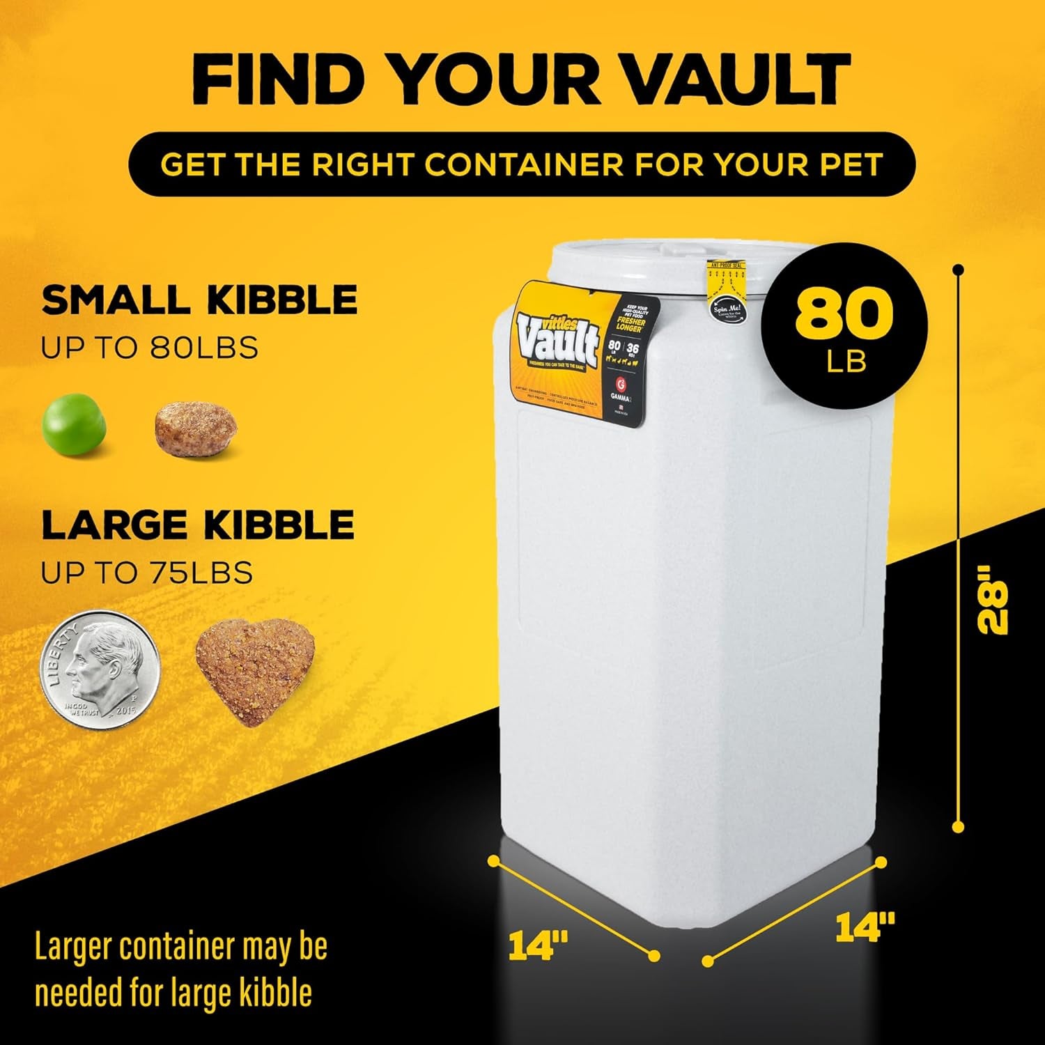 Gamma2 Vittles Vault Pet Food Storage Containers - Sealed Dog and Cat Food Storage Container, Fits up to 80Lbs, Made in the USA - [14"L X 28"H]