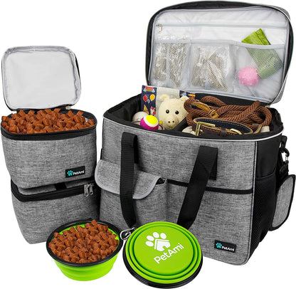 Petami Dog Travel Bag - Travel Pet Organizer with Food Container and Bowls, Perfect for Weekend Camping, Cat Diaper Bag (Grey, Large)