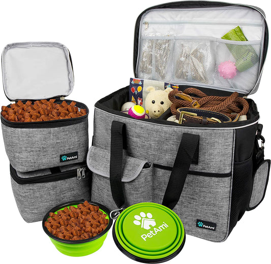 Petami Dog Travel Bag - Travel Pet Organizer with Food Container and Bowls, Perfect for Weekend Camping, Cat Diaper Bag (Grey, Large)