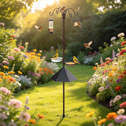 Joywink Bird Feeding Station Kit with Metal Squirrel Baffle, Heavy Duty Metal Bird Feeding Station with Seed Tray＆Mesh Basket, Easy Assembly Ground Mounted Bird Feeder Pole for Garden Yard Outdoor