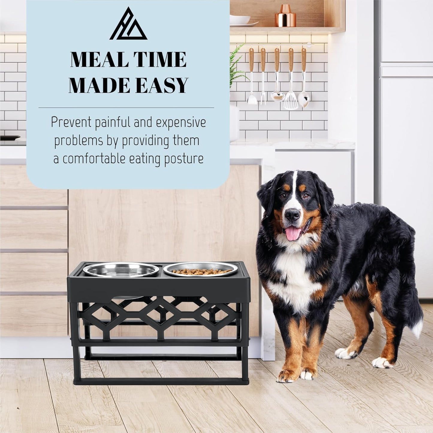 AVERYDAY Elevated Dog Bowls, 4 Height Adjustable Stand for Medium and Large Dogs, Raised Dog Feeder Holder with 2 Stainless Steel Food and Water Bowls, Anti-Slip Base Tall Feeding Station