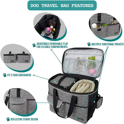 Petami Dog Travel Bag - Travel Pet Organizer with Food Container and Bowls, Perfect for Weekend Camping, Cat Diaper Bag (Grey, Large)