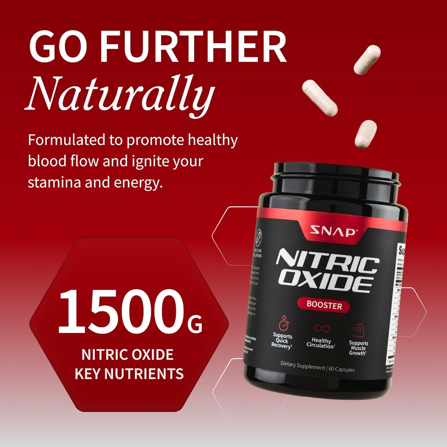 Snap Supplements Nitric Oxide Booster for Men & Women, L-Citrulline + 3 Forms of L-Arginine for Healthy Circulation, Natural Energy & Muscle Support, Caffeine-Free Pre-Workout Alternative, 60 Capsules
