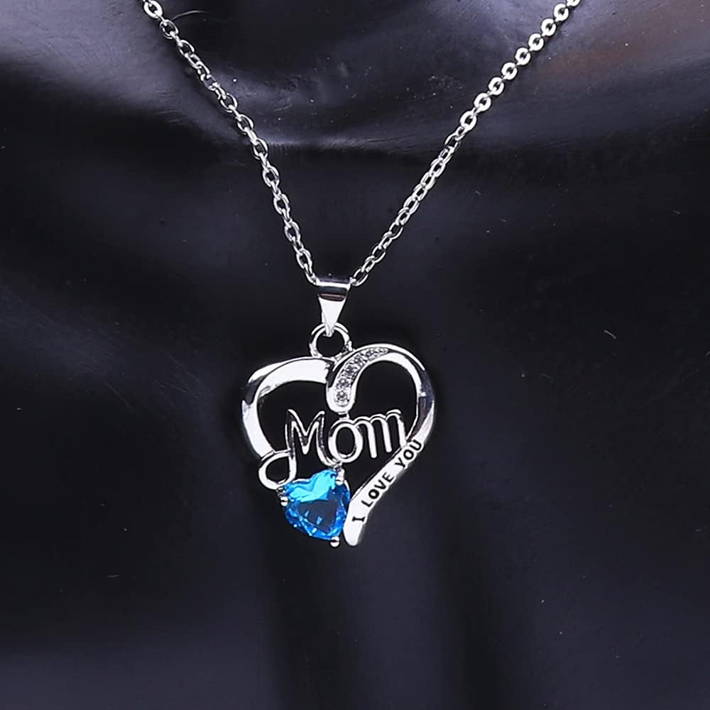 UEUC I LOVE YOU Mom Birth Stones Necklace, Silver Love Heart Pendant Necklace for Mom, Necklace Gift for Mother with 18''+2'' Chain