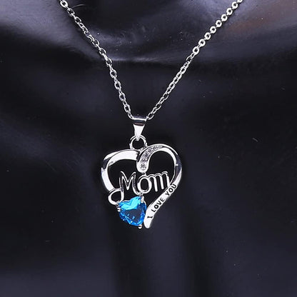 UEUC I LOVE YOU Mom Birth Stones Necklace, Silver Love Heart Pendant Necklace for Mom, Necklace Gift for Mother with 18''+2'' Chain