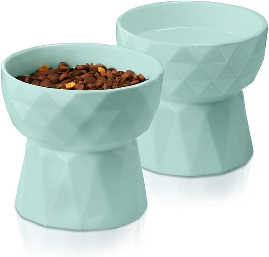 Frewinky Cat Bowls,Ceramic Cat Bowls anti Vomiting,Raised Food and Water Bowl Set for Cats and Small Dogs,13.5 Oz,Green