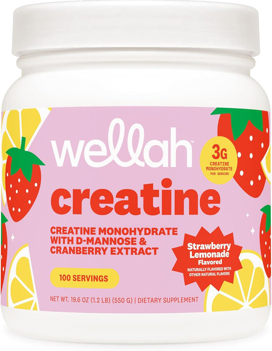 Wellah Creatine for Women - Creatine Monohydrate with Dandelion & Cranberry Extract (100 Servings, Strawberry Lemonade)